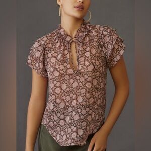 By Anthropologie Floral Ruffle Sleeve Top - Pink